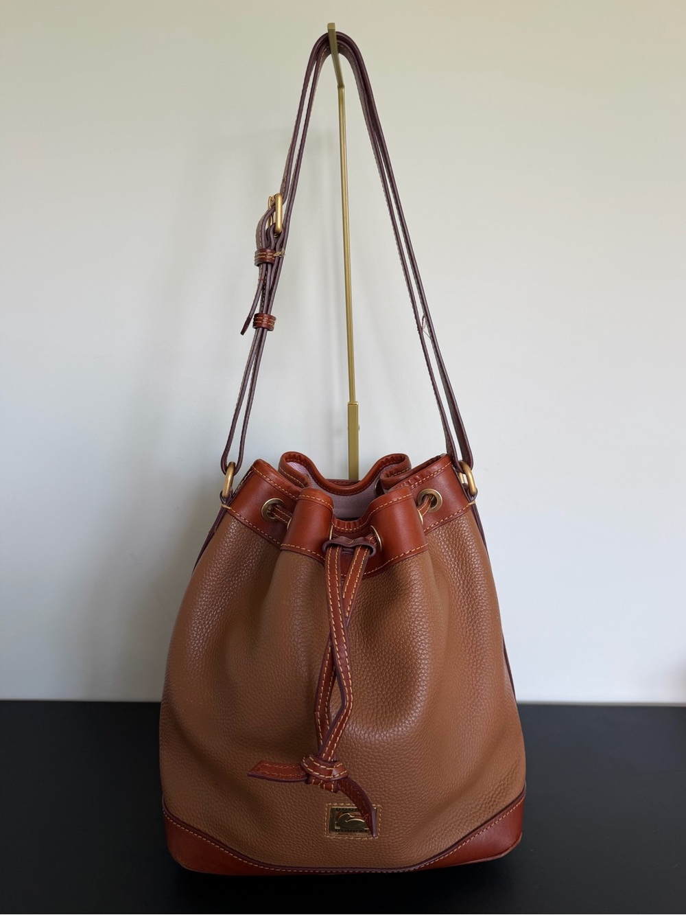 Dooney & Bourke Pebbled Leather Drawstring Bucket Shoulder Bag Brown